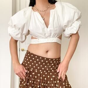 Puff Sleeve White Tie Back Crop Top Small Gathered Designer Coquette